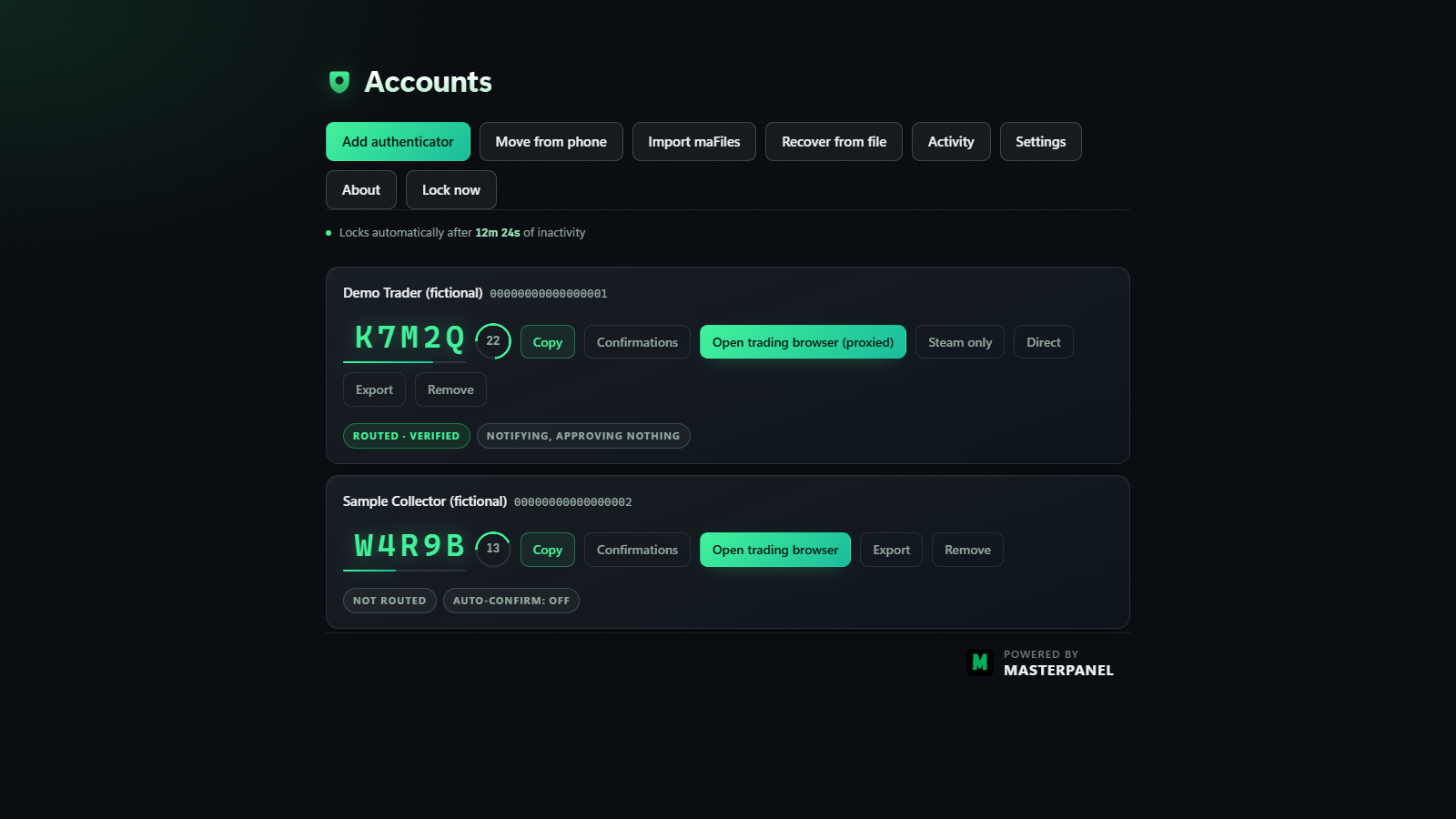ODA accounts screen with account cards, Steam Guard code timers and import controls